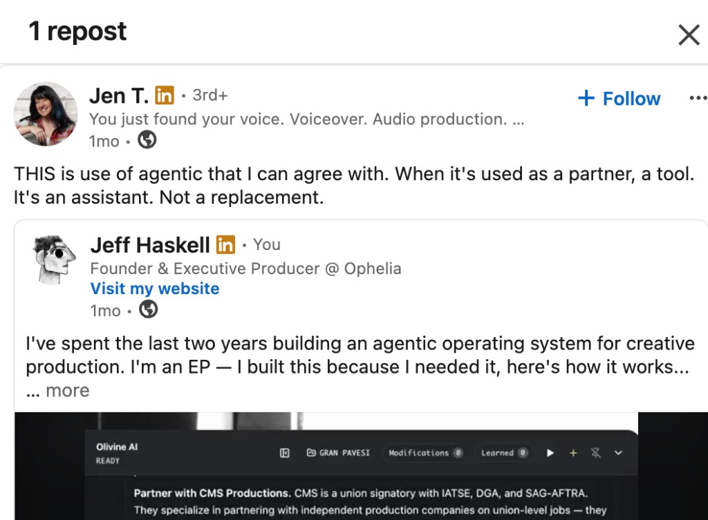 LinkedIn: repost highlighting Olivine as an assistant, not a replacement.