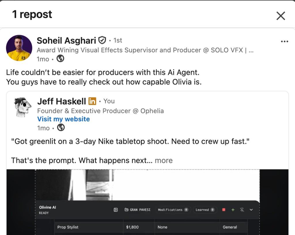 LinkedIn: unprompted repost on Olivine AI for producers.